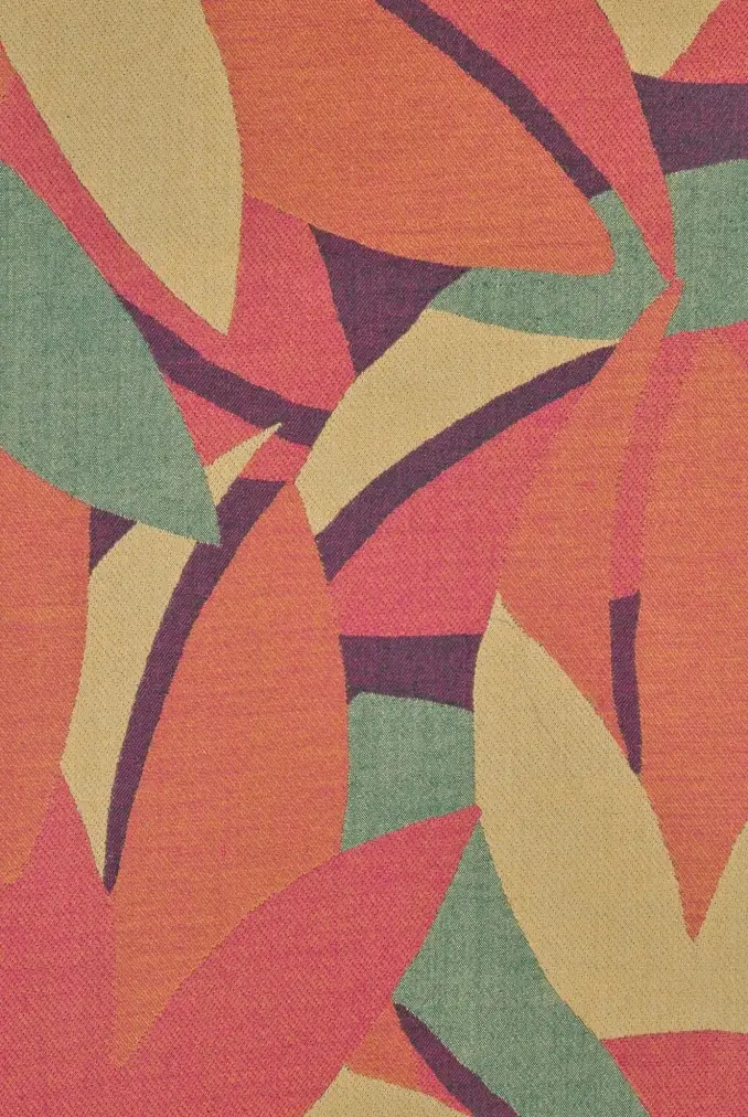 A colorful pattern in oranges, yellows, reds, greens, and purples suggests an abstract floral motif.