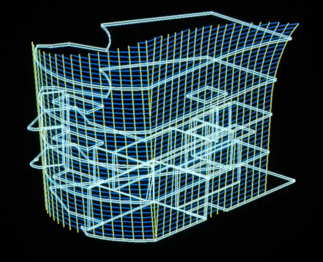 A screen capture of a CATIA digital model of Walt Disney Concert Hall. The digital model is rendered in a neon blue-on-black wireframe style that shows the form of the building.
