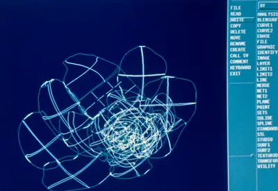 A screen capture of the CATIA user interface and a digital wireframe model of a rose is rendered in pale blue against a dark blue background.