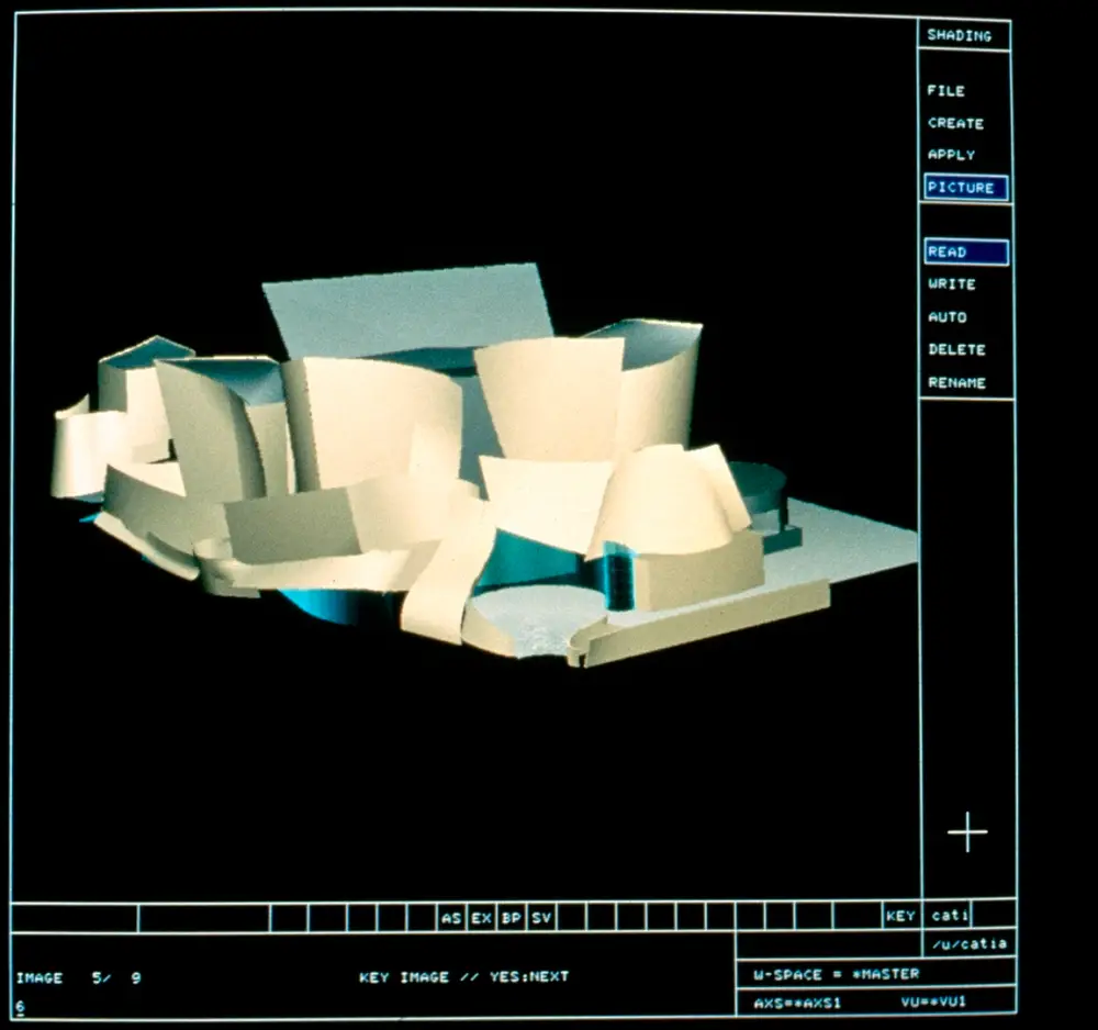 A screen capture of the CATIA user interface and a digital model of Walt Disney Concert Hall that shows the exterior of the hall in pale green-blue against a black background.