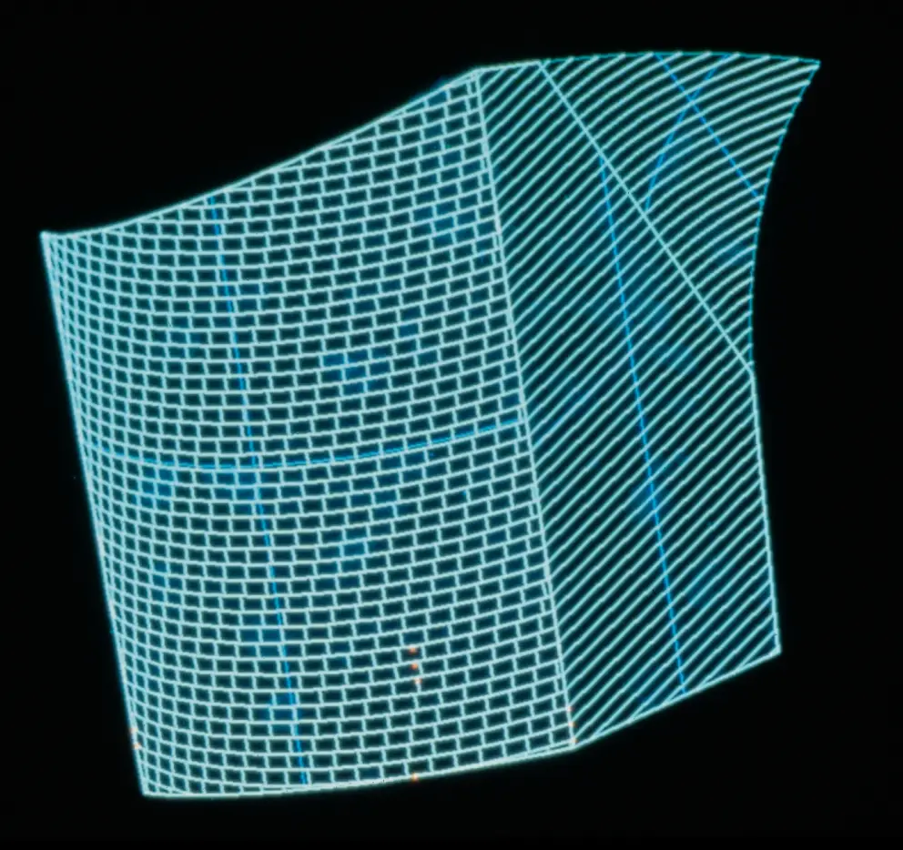A screen capture of a CATIA digital model of Walt Disney Concert Hall. The digital model is rendered in a neon blue-on-black wireframe style.