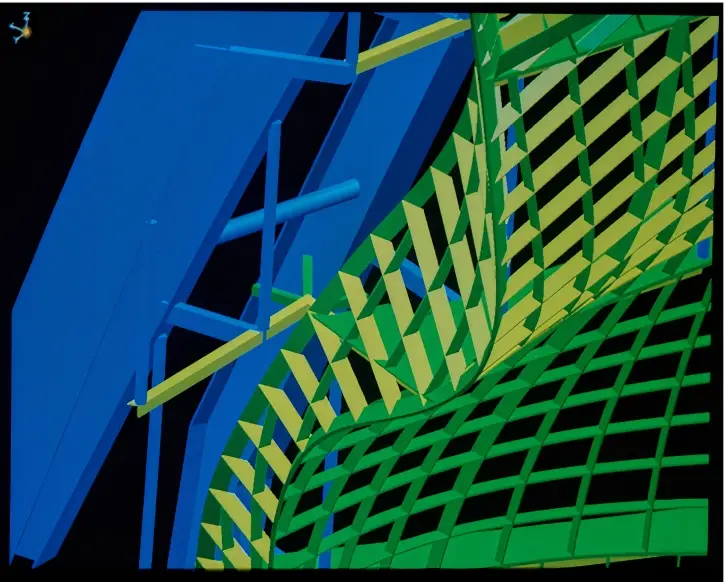 A screen capture of a CATIA digital model of Walt Disney Concert Hall. The digital model is colored in green, yellow, and blue to show different structural elements of the building.
