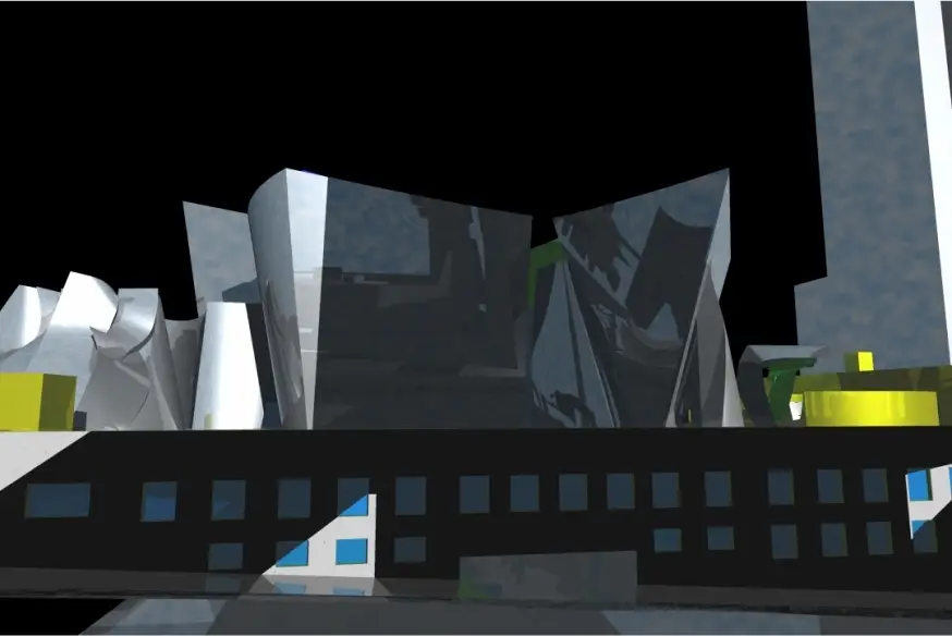 A screen capture of a CATIA digital model of Walt Disney Concert Hall that is styled to mimic the building's reflective surface.