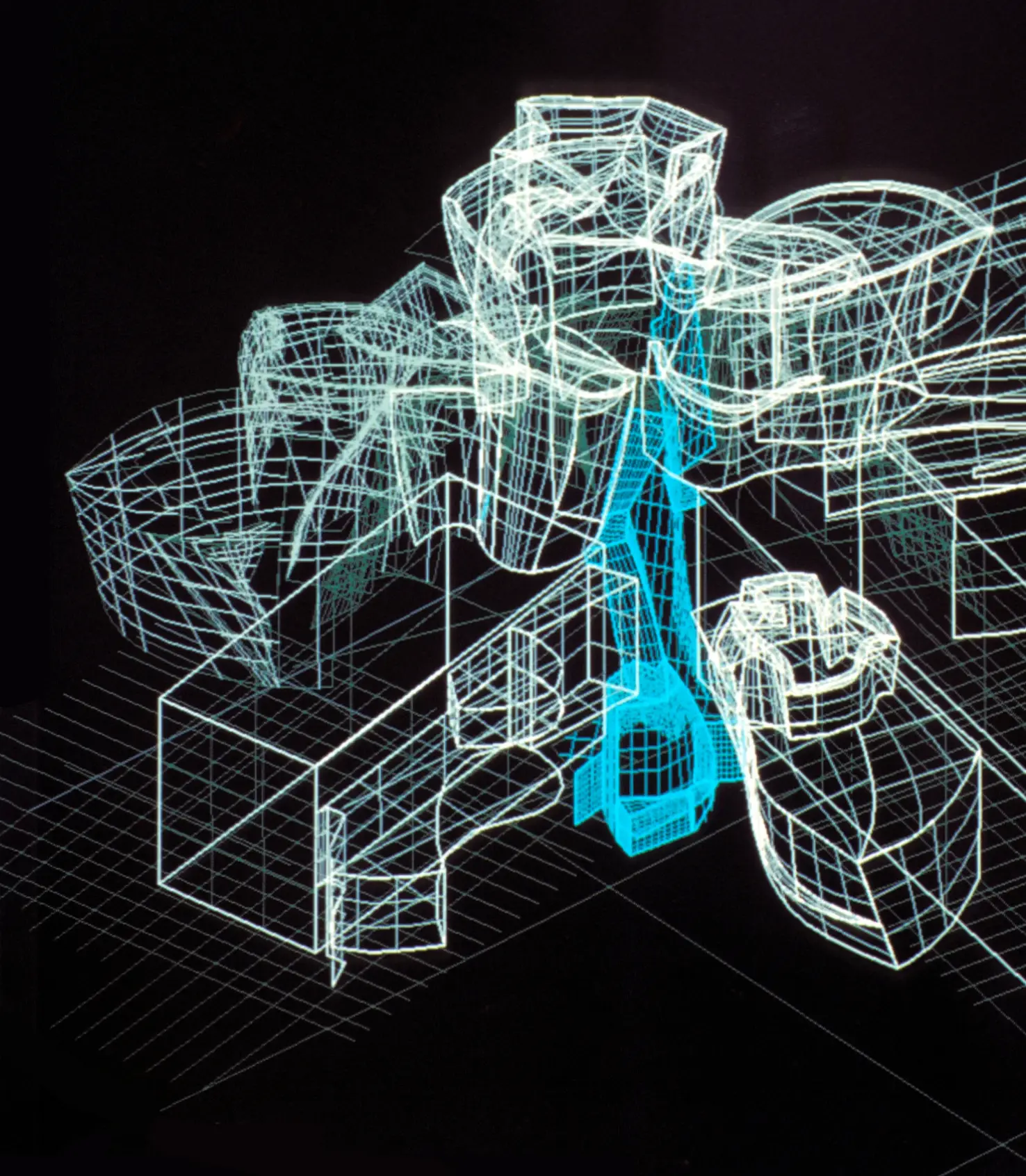 A screen capture of a CATIA digital model of Guggenheim Bilbao. The digital model is rendered in a white and neon blue-on-black wireframe style illustrating the contours of the building exterior.