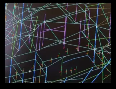 A screen capture of a CATIA digital model of Walt Disney Concert Hall. The digital model is rendered in a multicolor-on-black wireframe style, suggesting structural aspects of the building.