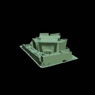 A screen capture of a CATIA digital model of Walt Disney Concert Hall shows the exterior form of the hall in pale green-blue against a black background.