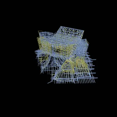 A screen capture of a CATIA digital model of Walt Disney Concert Hall. The digital model is rendered in blue and yellow on a black background, showing the structure of the building.