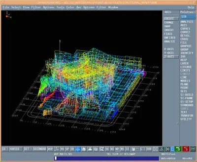 A screen capture of a CATIA digital model of Walt Disney Concert Hall. The digital model is rendered in a multicolor-on-black wireframe style that shows internal and external portions of the building.