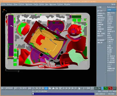 A screen capture of CATIA with its user interface shows a top-down view of a digital model of the Walt Disney Concert Hall with its roof removed to depict the building's interior. The model is rendered in bright red, magenta, purple, orange, yellow, neon green, dark green, and shades of gray against a black background.