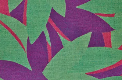 A colorful pattern in greens, purples, and reds suggests an abstract floral motif