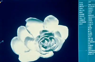 A screen capture of the CATIA user interface and a digital model of a rose is rendered in pale blue against a dark blue background.
