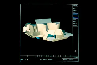 A screen capture of the CATIA user interface and a digital model of Walt Disney Concert Hall that shows the exterior of the hall in pale green-blue against a black background.