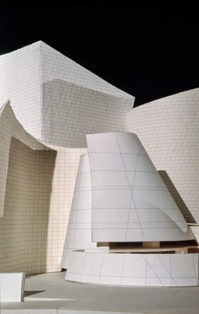 A physical model of Walt Disney Concert Hall with printed gridlines that will be traced in order to digitize the model.